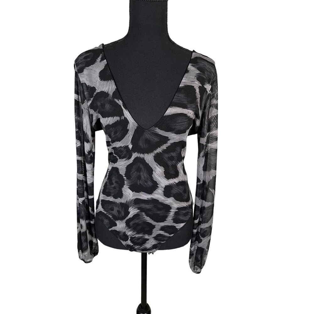 Love Culture Mesh Bodysuit Women Size M Black/Gray Wild Print Long Sleeve V-Neck